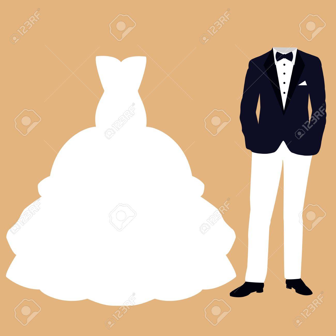 Wedding card with the clothes of the bride and groom. Beautiful wedding dress and tuxedo. Vector illustration. - 84337412 Wedding card with the clothes of the bride and groom. Beautiful wedding dress and tuxedo. Vector illustration. - 84337412