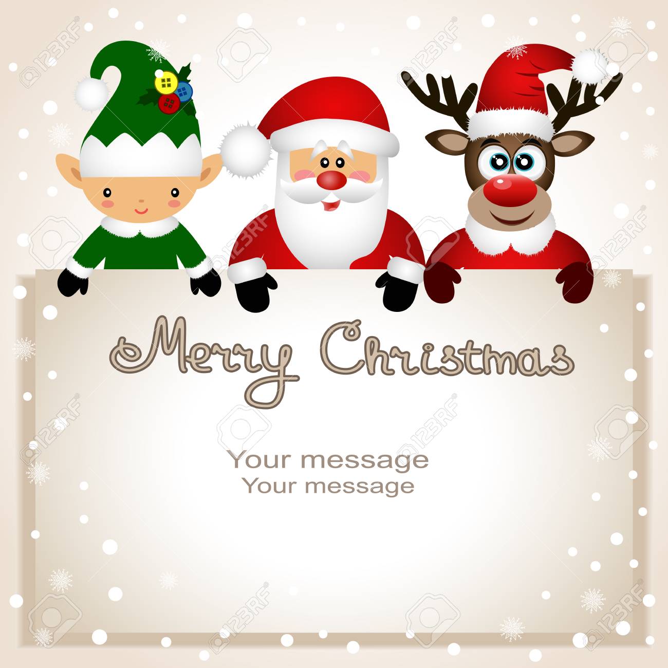 Christmas Card Funny Postcard With Christmas Elf Christmas Reindeer And Santa Vector Illustration Christmas Card Funny Postcard With Christmas Elf Christmas Reindeer And Santa Vector Illustration