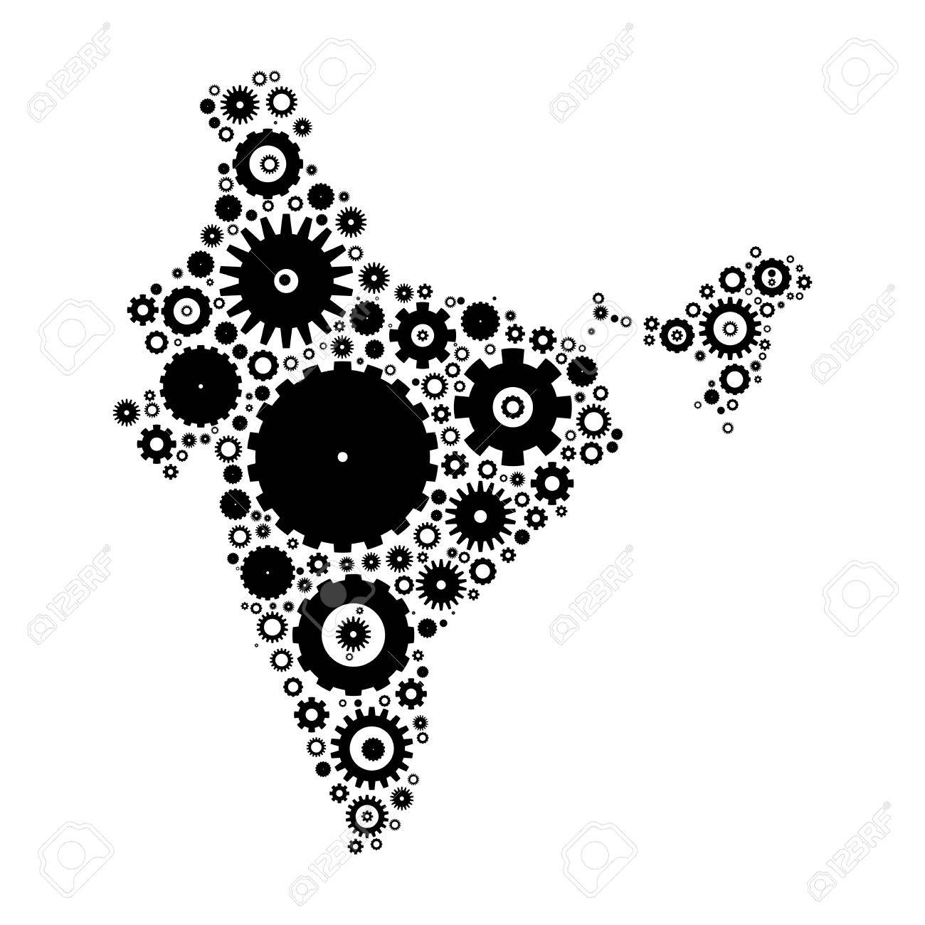 歯車と歯車のインド地図シルエット モザイク 白い背景の黒いベクター イラスト のイラスト素材 ベクタ Image