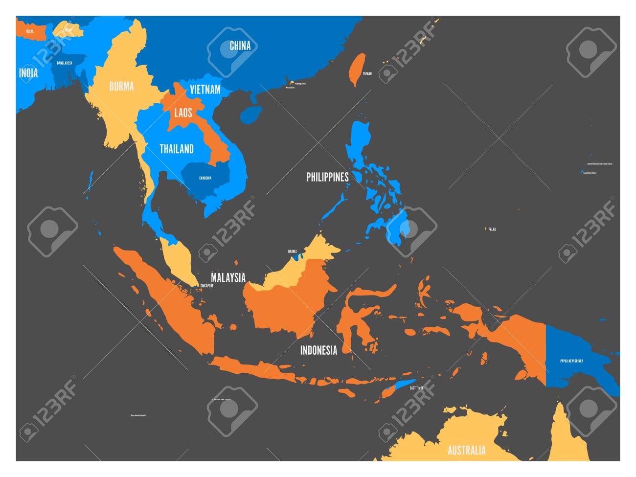 south east asia political map in four colors with white country north asia countries colored asia map names
