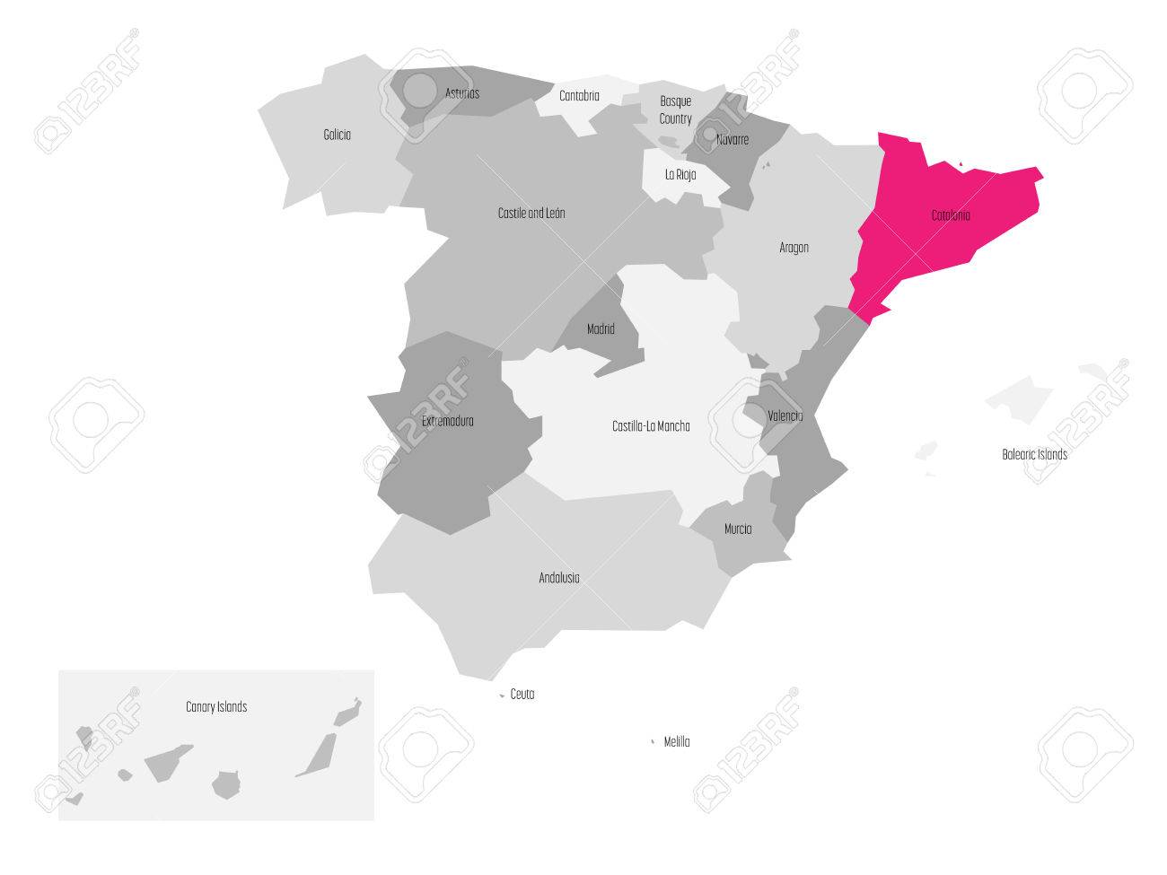 Carte De L Espagne Divisee En 17 Communautes Administratives Autonomes Avec La Region De Catalogne En Rose Carte Vectorielle Plane Simple Dans Les Tons De Gris Clip Art Libres De Droits Vecteurs