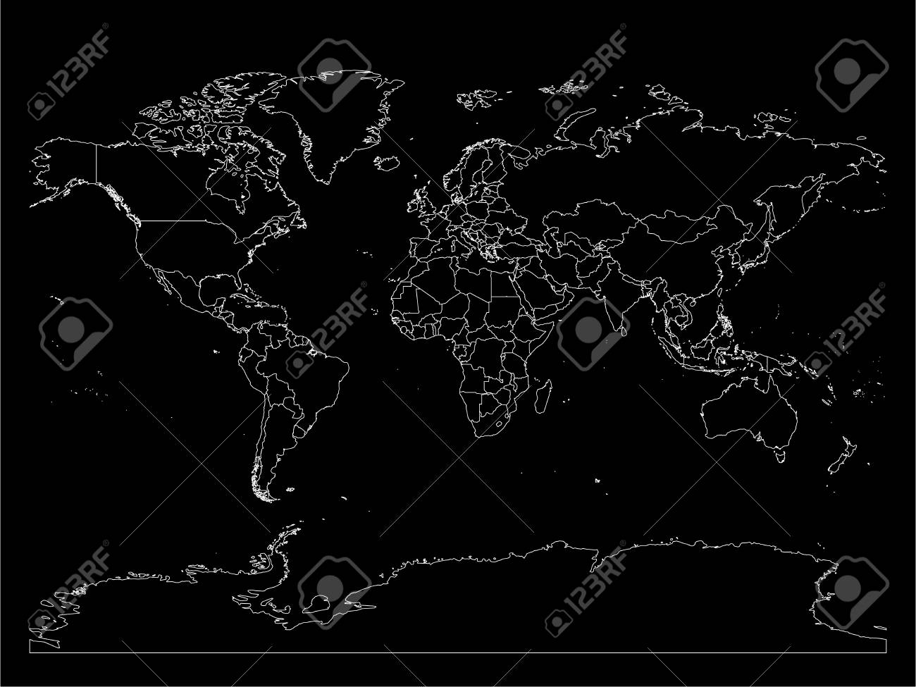 World Map With Country Borders Thin White Outline On Black Background Royalty Free Cliparts Vectors And Stock Illustration Image