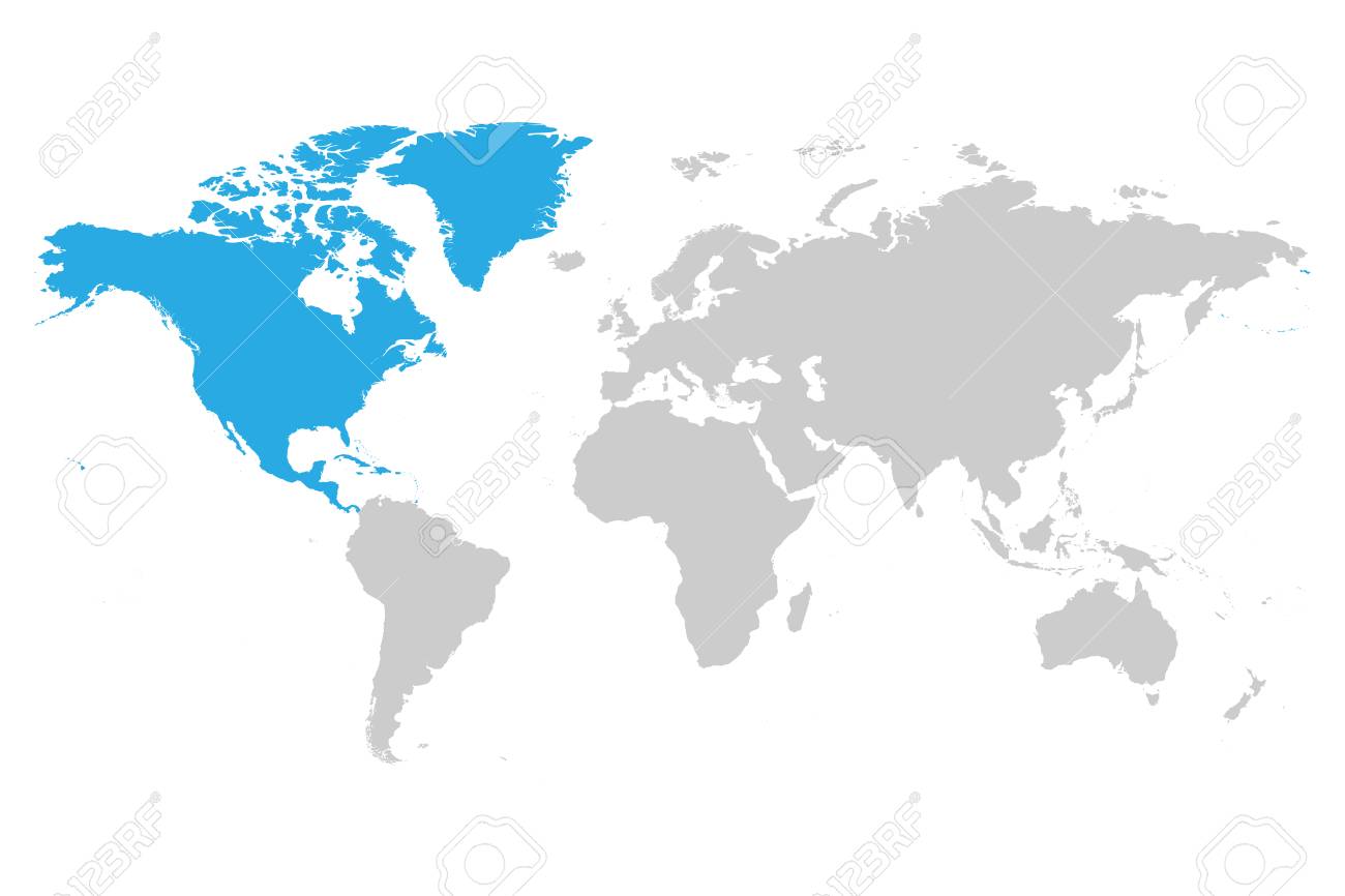 north america continent blue marked in grey silhouette of world world maps of north america