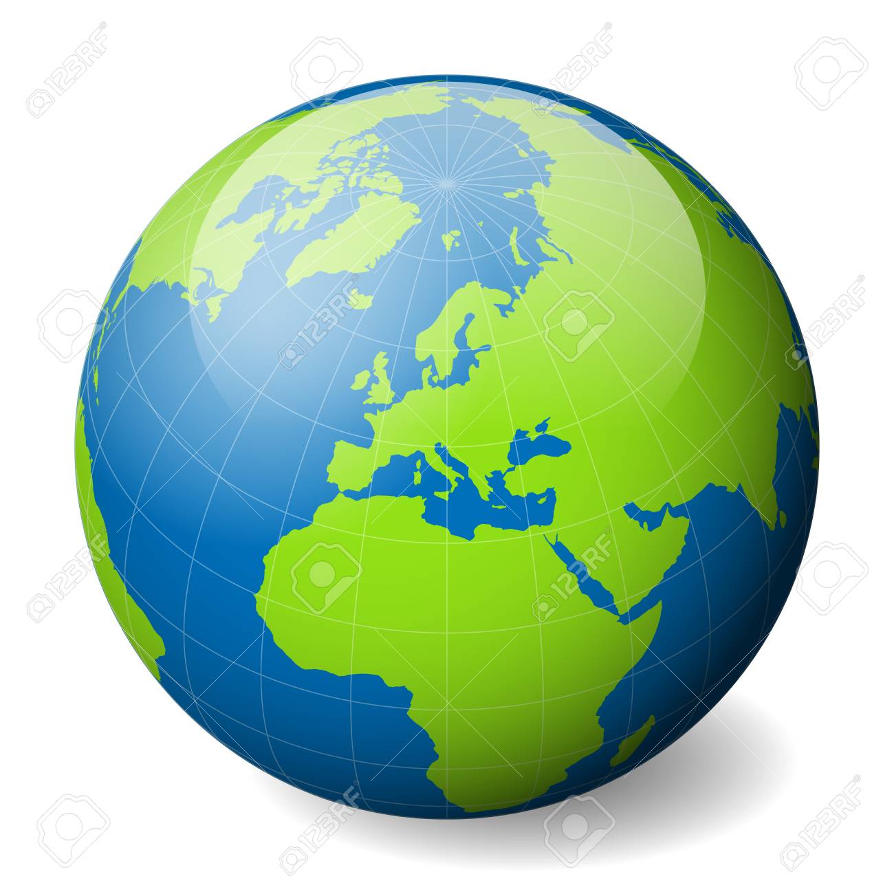 緑の世界地図と青い海とヨーロッパに焦点を当てた海と地球の地球 薄い白い子午線と平行 3d 光沢のある球ベクトルイラストレーション のイラスト素材 ベクタ Image