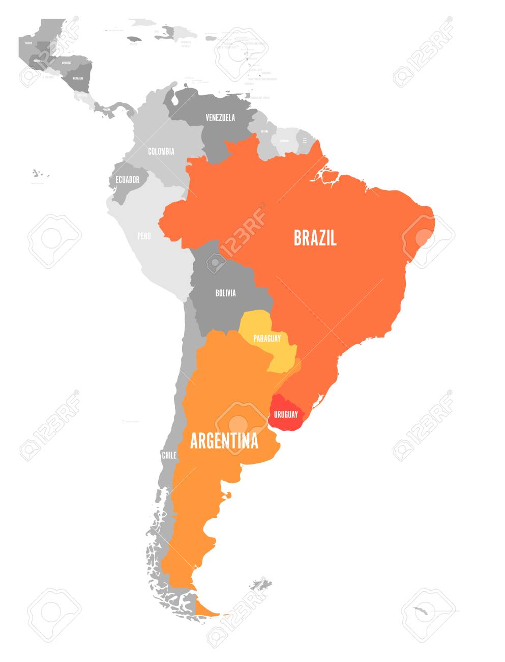 メルコスール諸国の地図。南米貿易協会。オレンジ色の強調表示された加盟国ブラジル, パラグアイ, ウルグアイとアルゲティナ.のイラスト素材・ベクター  Image 97455077