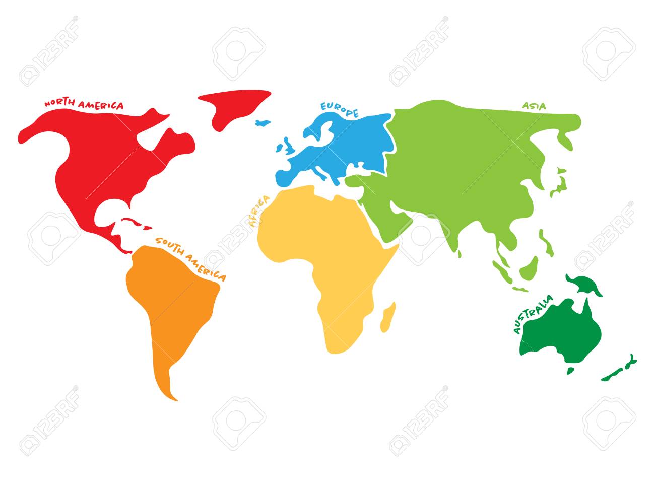 Multicolored World Map Divided To Six Continents In Different