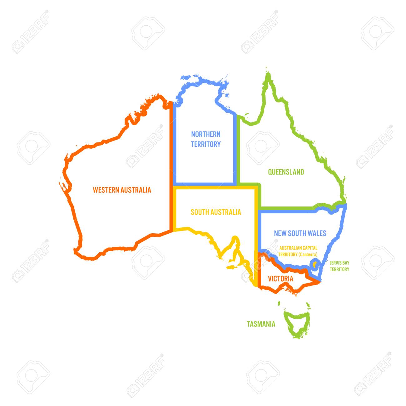 Map Of Australian States Simplified Map Of Australia Divided Into States And Territories.  Multicolored Outline Flat Vector Map. Royalty Free Cliparts, Vectors, And  Stock Illustration. Image 114560665.