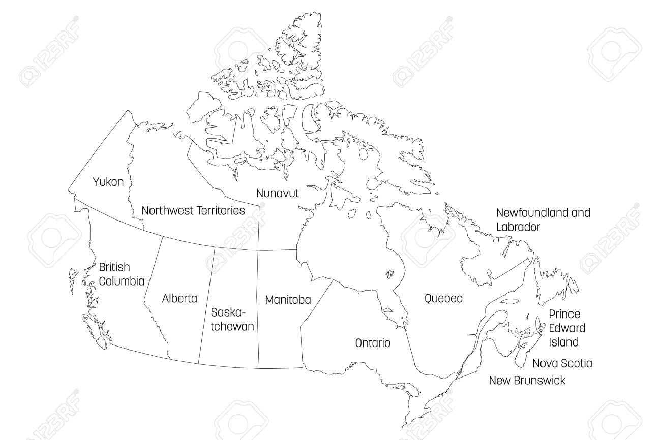 Map of Canada divided into 10 provinces and 3 territories. Administrative regions of Canada. White map with black outline and black region name labels. Vector illustration. - 125779543 Map of Canada divided into 10 provinces and 3 territories. Administrative regions of Canada. White map with black outline and black region name labels. Vector illustration. - 125779543