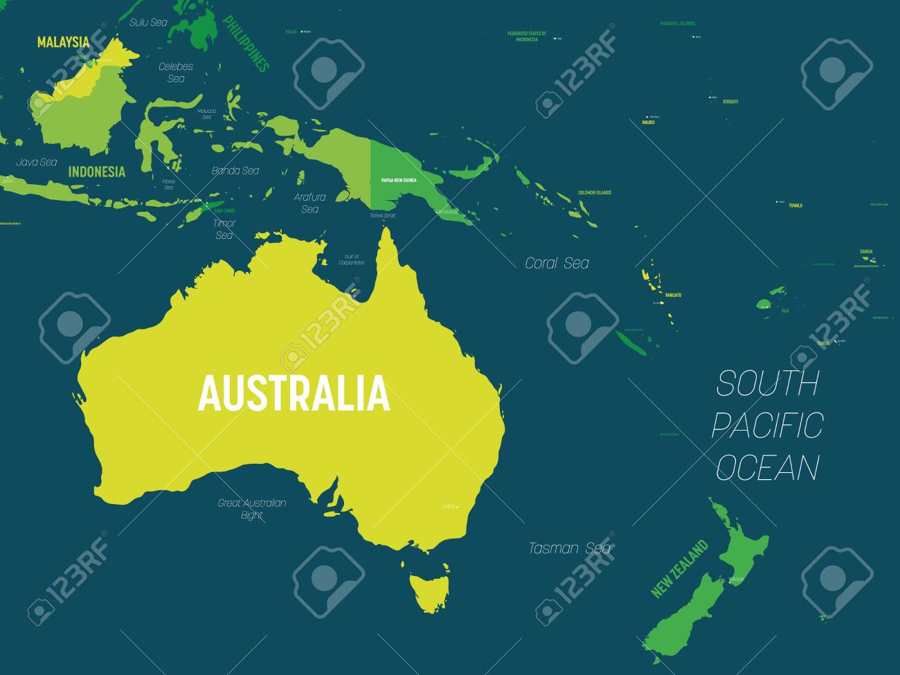 Estados De Australia Y Sus Capitales Mapa De Australia Y Oceanía - Tono Verde Coloreado Sobre Fondo Oscuro. Alto  Mapa Político Detallado De La Región De Australia Y El Pacífico Con  Etiquetado De Nombres De Países, Capitales, Océanos