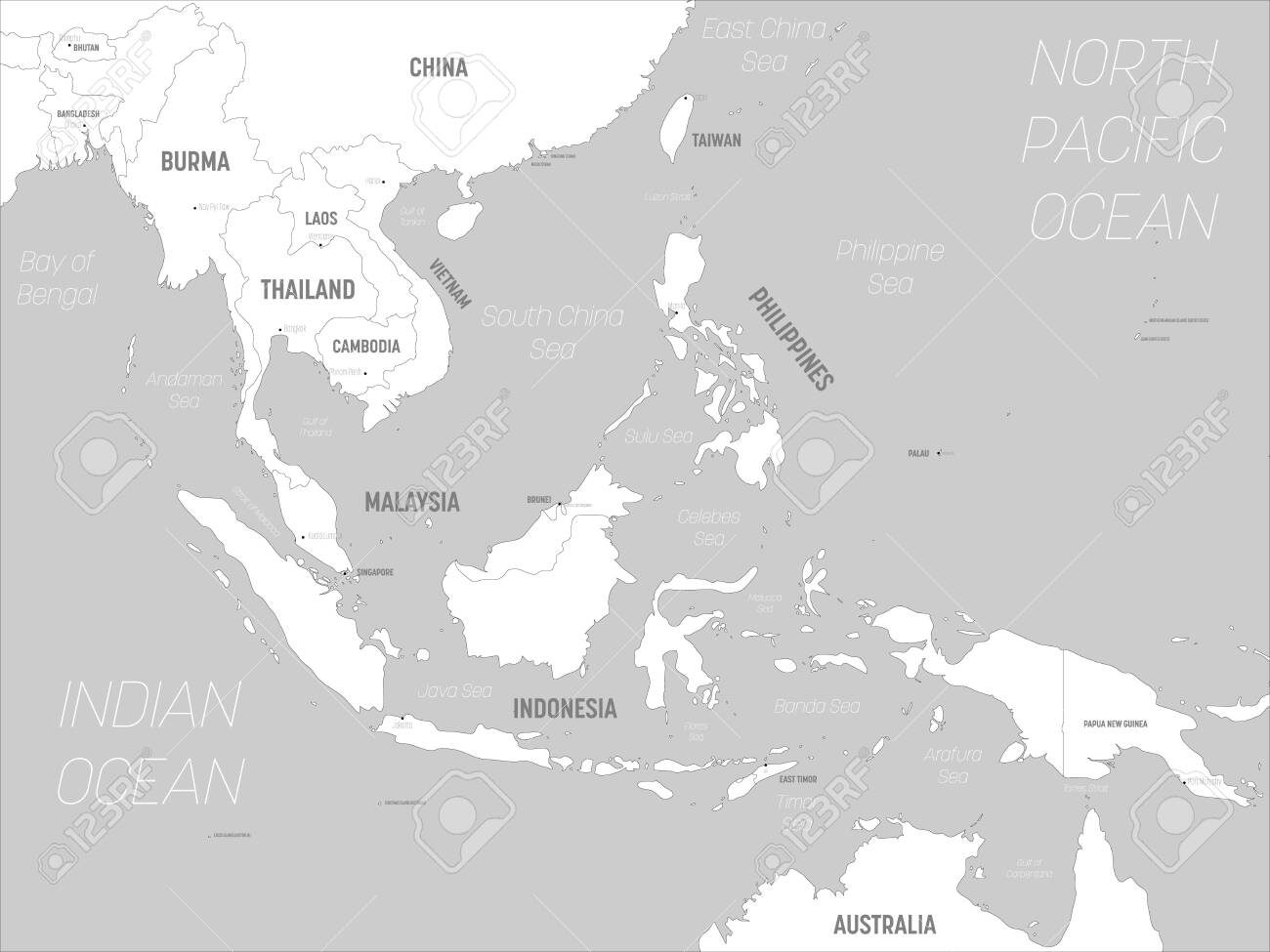 southeast-asia-map-white-lands-and-grey-water-high-detailed-political-map-of-southeastern-region-with-country-capital-ocean-and-sea-names-labeling-royalty-free-svg-cliparts-vectors-and-stock-illustration