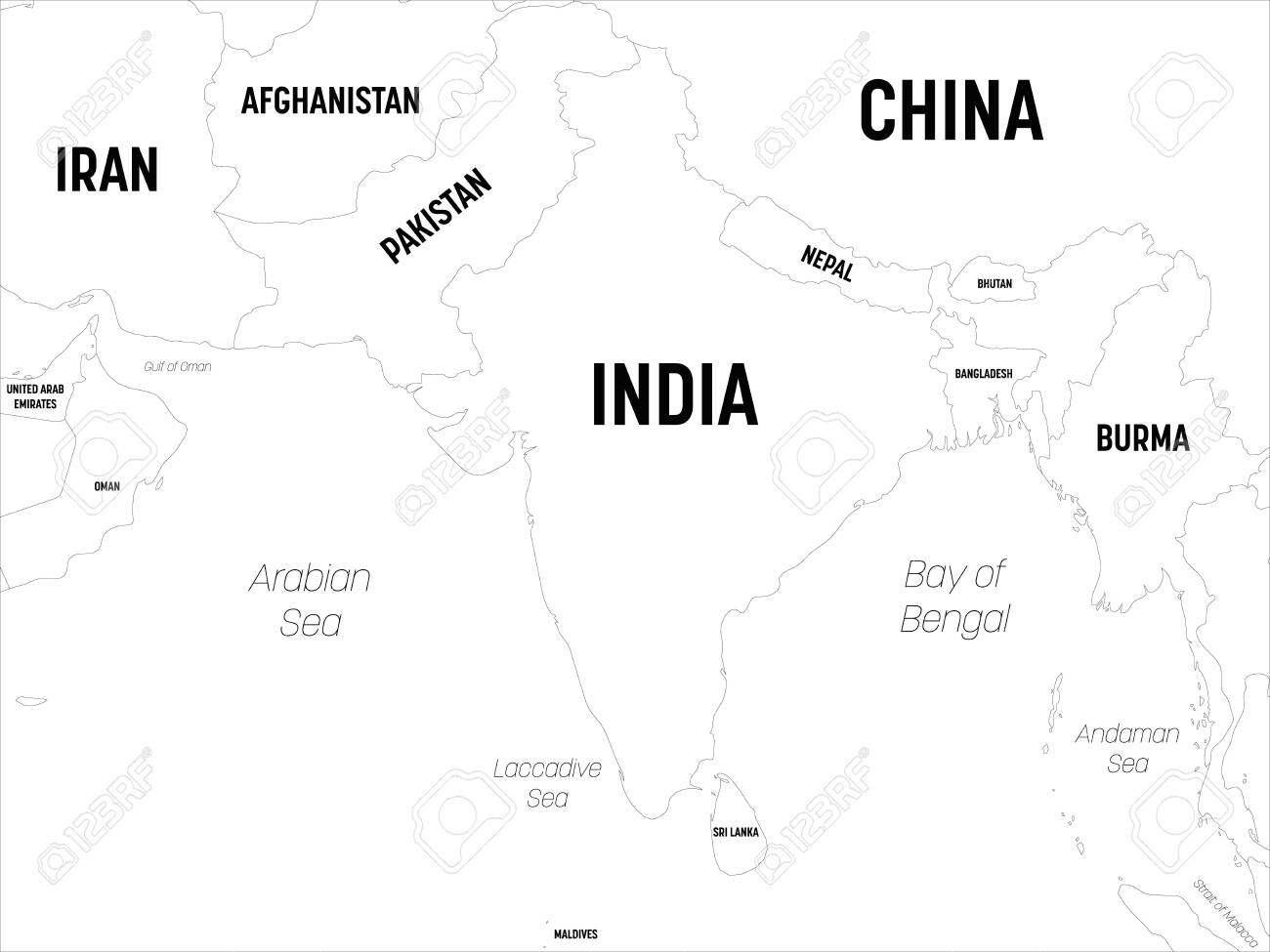 South Asia Map. High Detailed Political Map Of Southern Asian Region And Indian Subcontinent With Country, Capital, Ocean And Sea Names Labeling. Royalty Free Cliparts, Vectors, And Stock Illustration. Image 144924452.