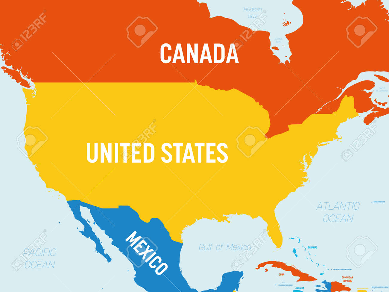 USA Map - 4 Bright Color Scheme. High Detailed Political Map United States  Of America And Neighboring Countries With Country, Ocean And Sea Names  Labeling. Royalty Free SVG, Cliparts, Vectors, and Stock, image size:1300x975