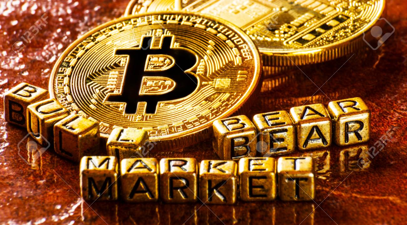 Inscription Bull Bear Market With Crypto Currency Golden Bitcoin Stock Photo Picture And Royalty Free Image Image 100594201
