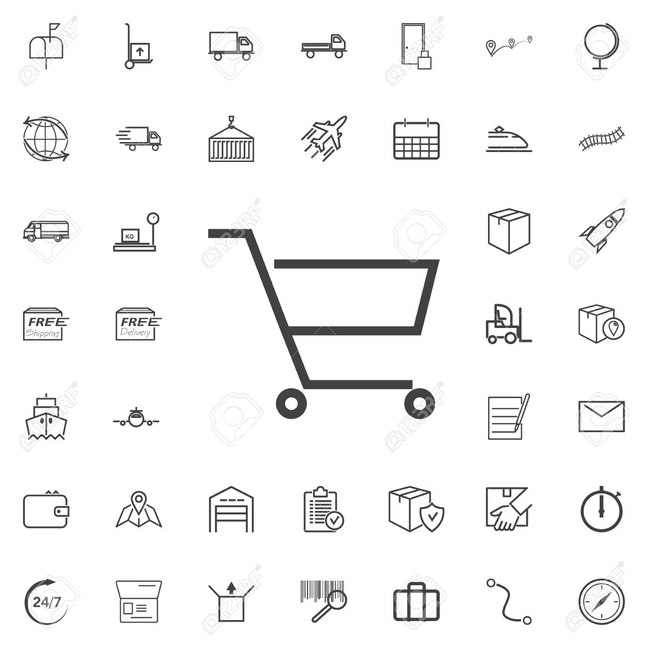 ショッピング カート ライン アイコン物流輸送小包送料配送アイコン白背景に分離されたフラットを設定します ベクトルの図 グラフィック デザイン ロゴのトレンディなスタイル のイラスト素材 ベクタ Image