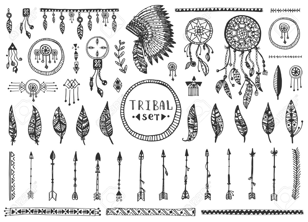 Gran Colección Tribal Elementos Vectoriales Dibujado A Mano Indio
