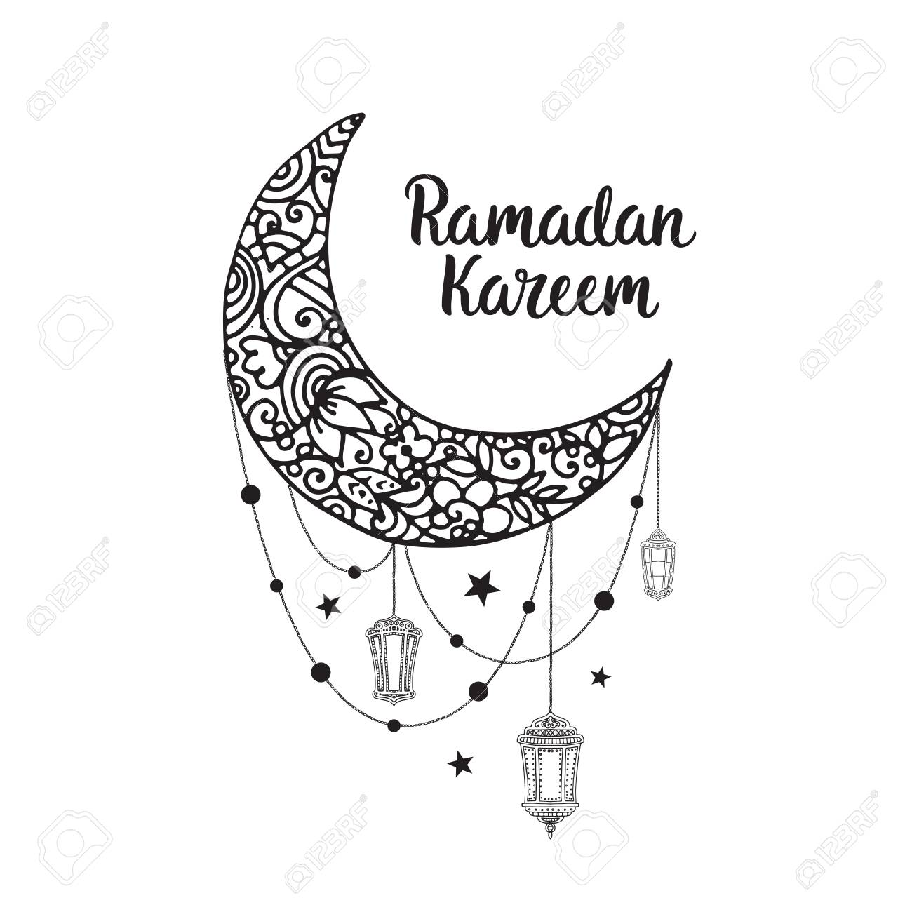 ラマダン カリームのテーマです 懐中電灯 月レタリングとベクトル カード 手には ランプと三日月のイラストが描かれました のイラスト素材 ベクタ Image