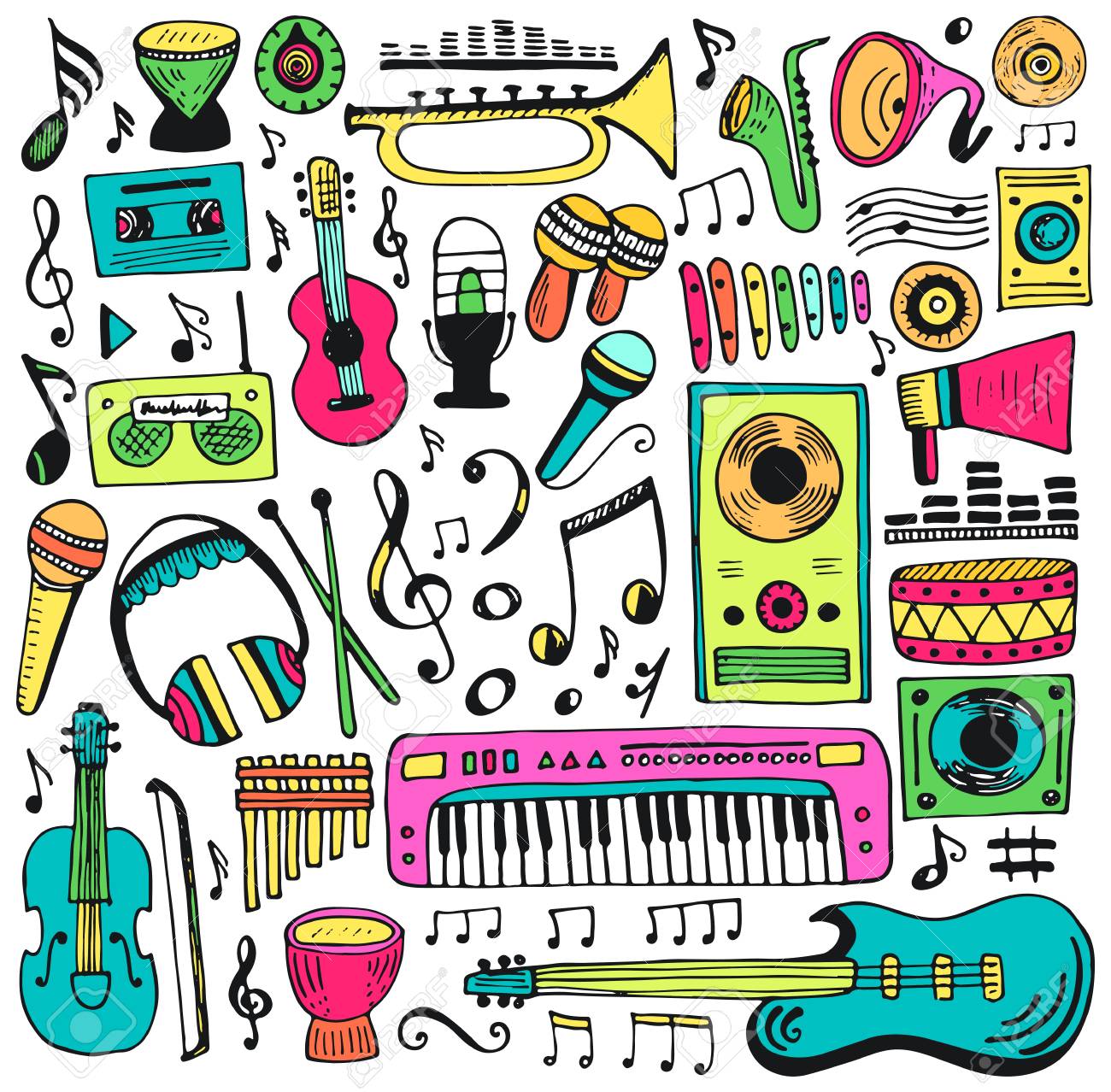 落書きの音楽コレクション 手描きのイラスト ベクター デザイン要素ノートと楽器 音楽漫画の背景 のイラスト素材 ベクタ Image