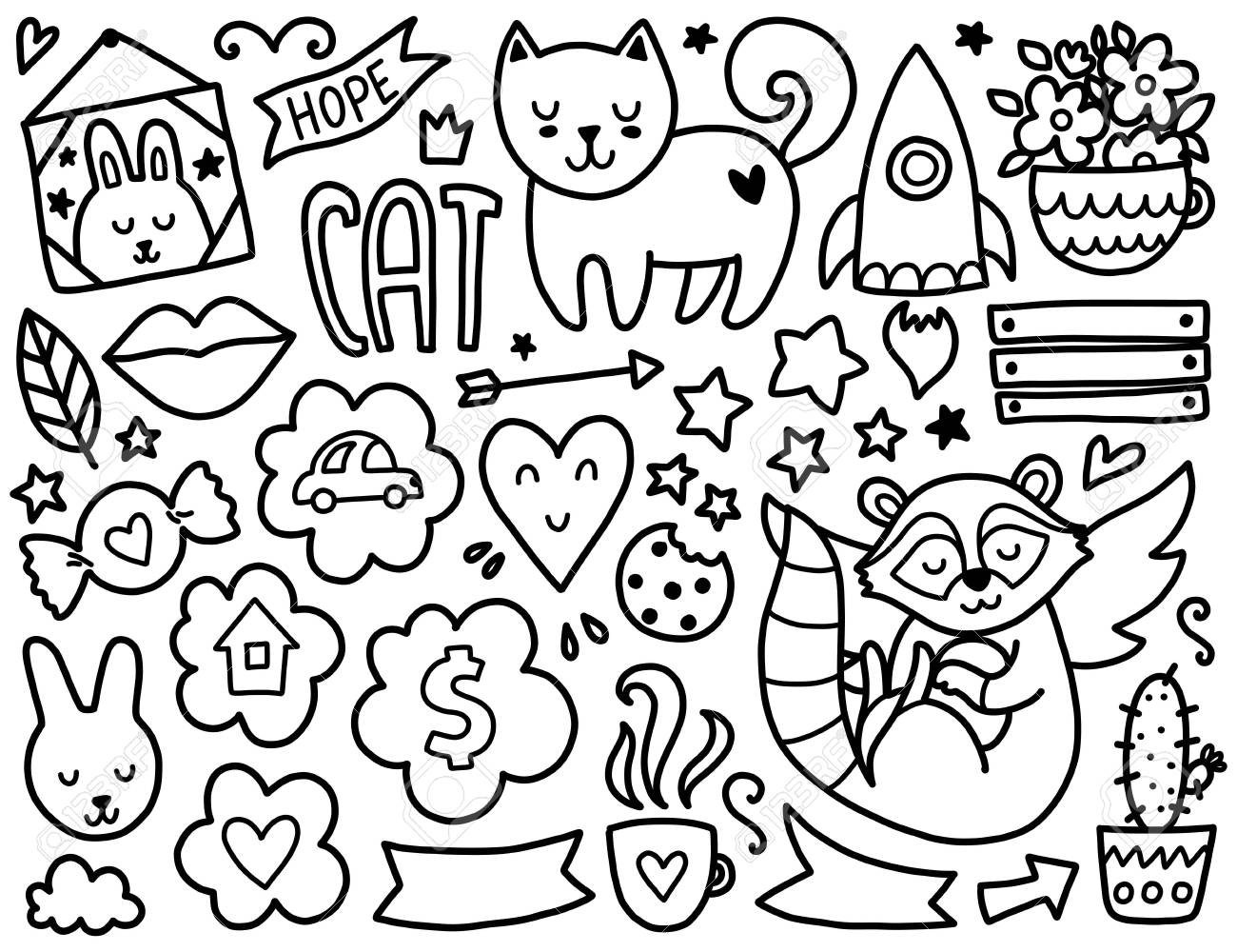 Doodles éléments Mignons Coloriage De Vecteur Noir Illustration Avec Coeurs Et Fleurs Animaux Et Café Nuages Et étoiles Concevoir Pour Des