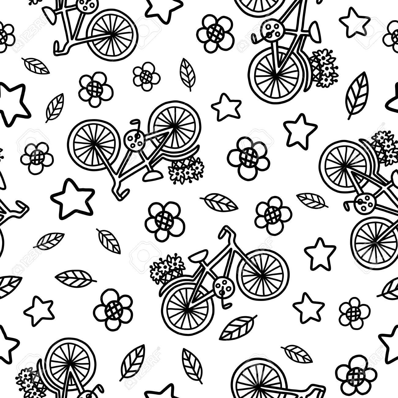 落書きかわいいシームレス パターン 黒のベクトルの背景 自転車と花のイラスト T シャツ 繊維 印刷 デザインします のイラスト素材 ベクタ Image