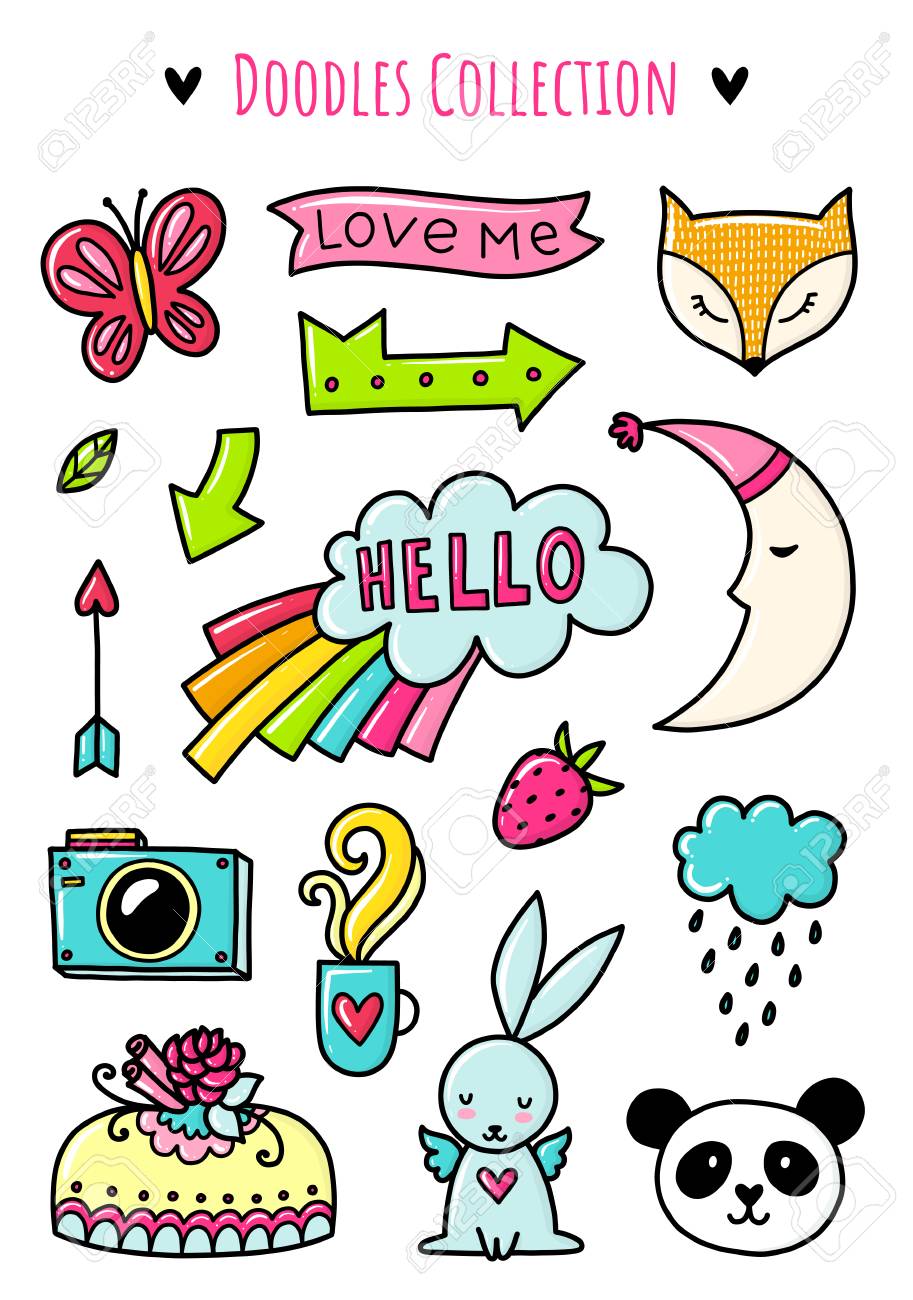 Doodles Cute Elements. Color Vector Items. Illustration With ...