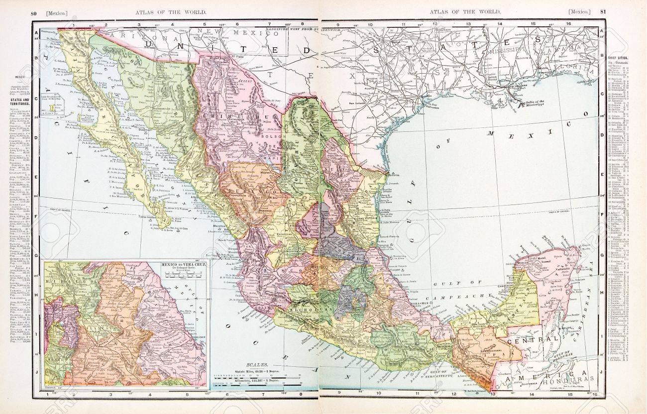 vintage map of mexico stitched from 2 separate images 1900 stock