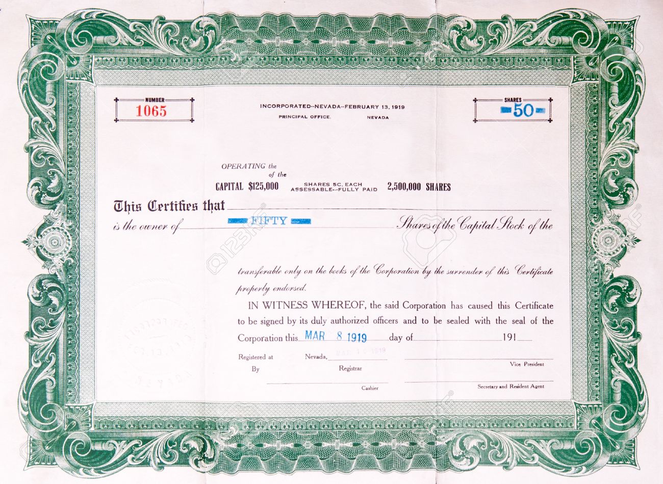 green u s stock certificate issued in 1919 stock photo picture stock certificate border