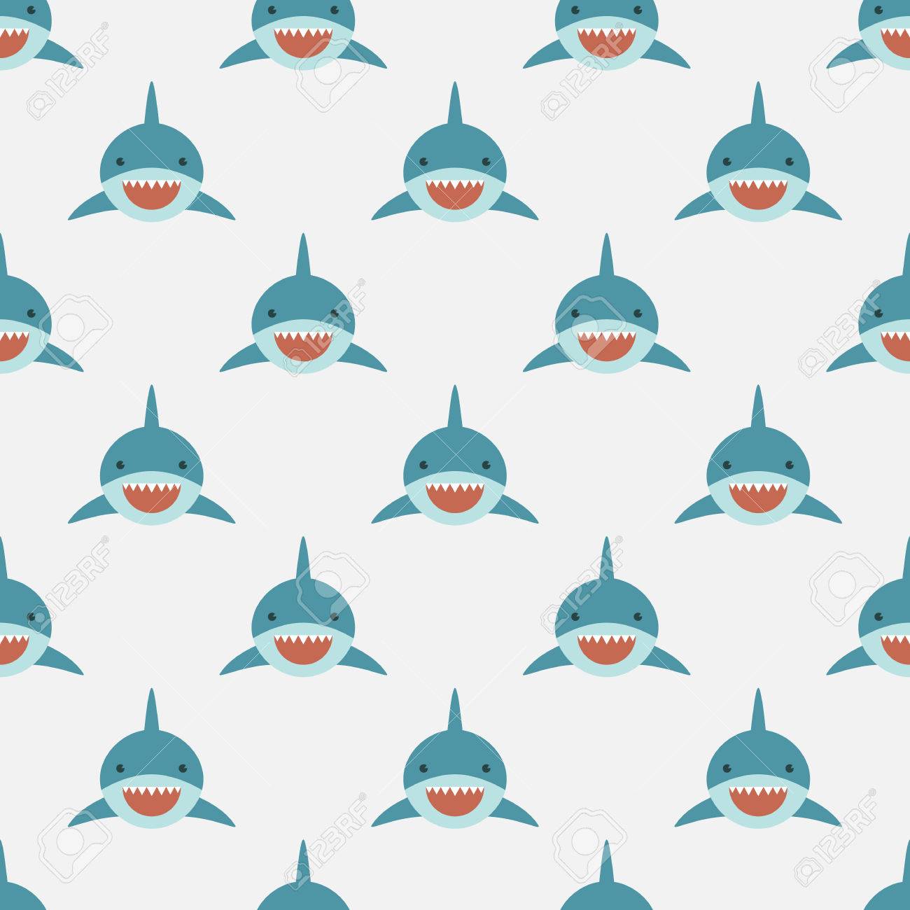サメのシームレスなパターン フラットなデザインでかわいいサメの正面顔 ダイビングとシュノーケ リング機器ショップ ダイビングスクールやスキューバ ダイビング クラブの背景パターン のイラスト素材 ベクタ Image