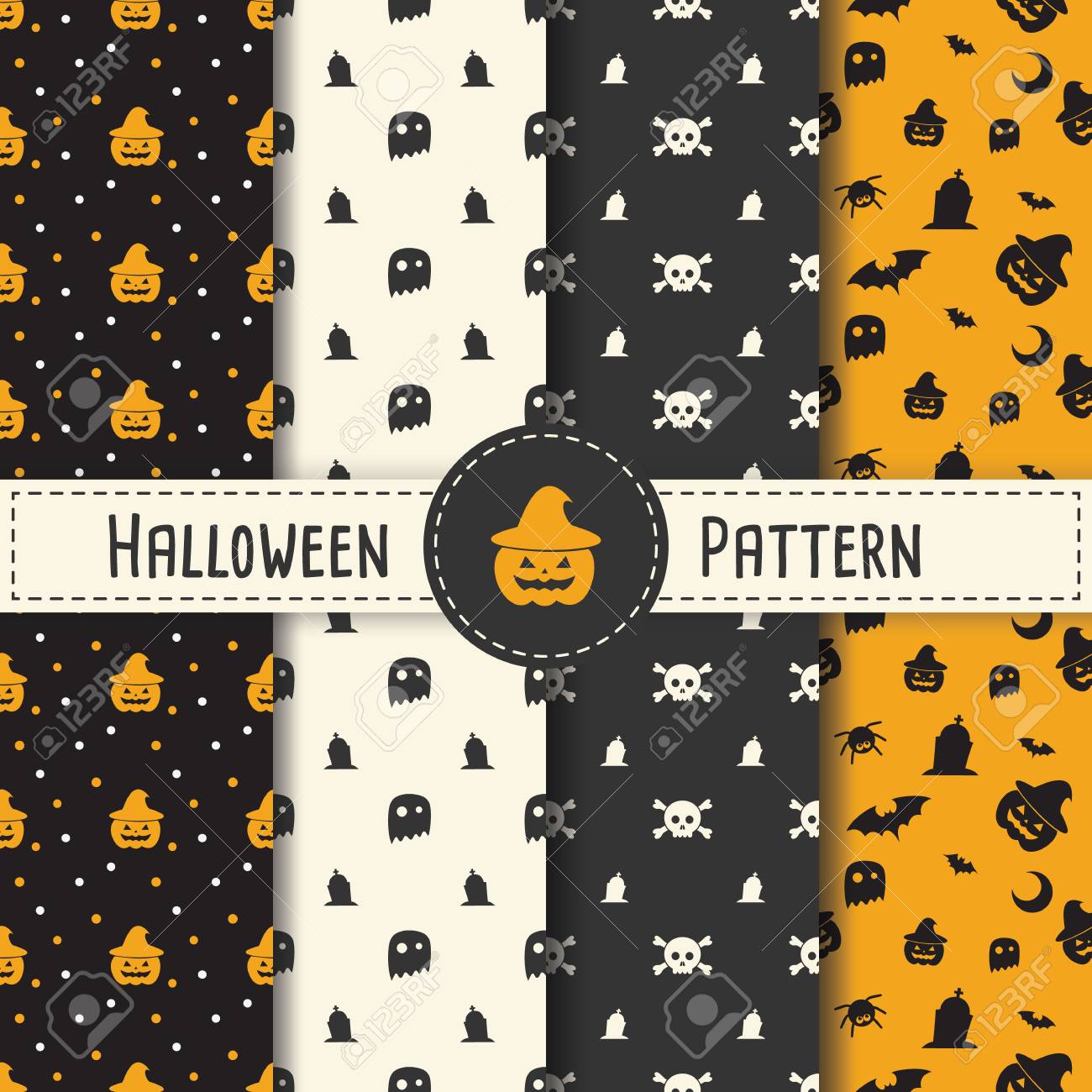 ハロウィーン パーティーの夜のハロウィン パターン セットの背景 シームレス パターン ハロウィーンのベクトルの休日のためクモと Web バナー ポスター グリーティング カード パーティー招待状の図 のイラスト素材 ベクタ Image
