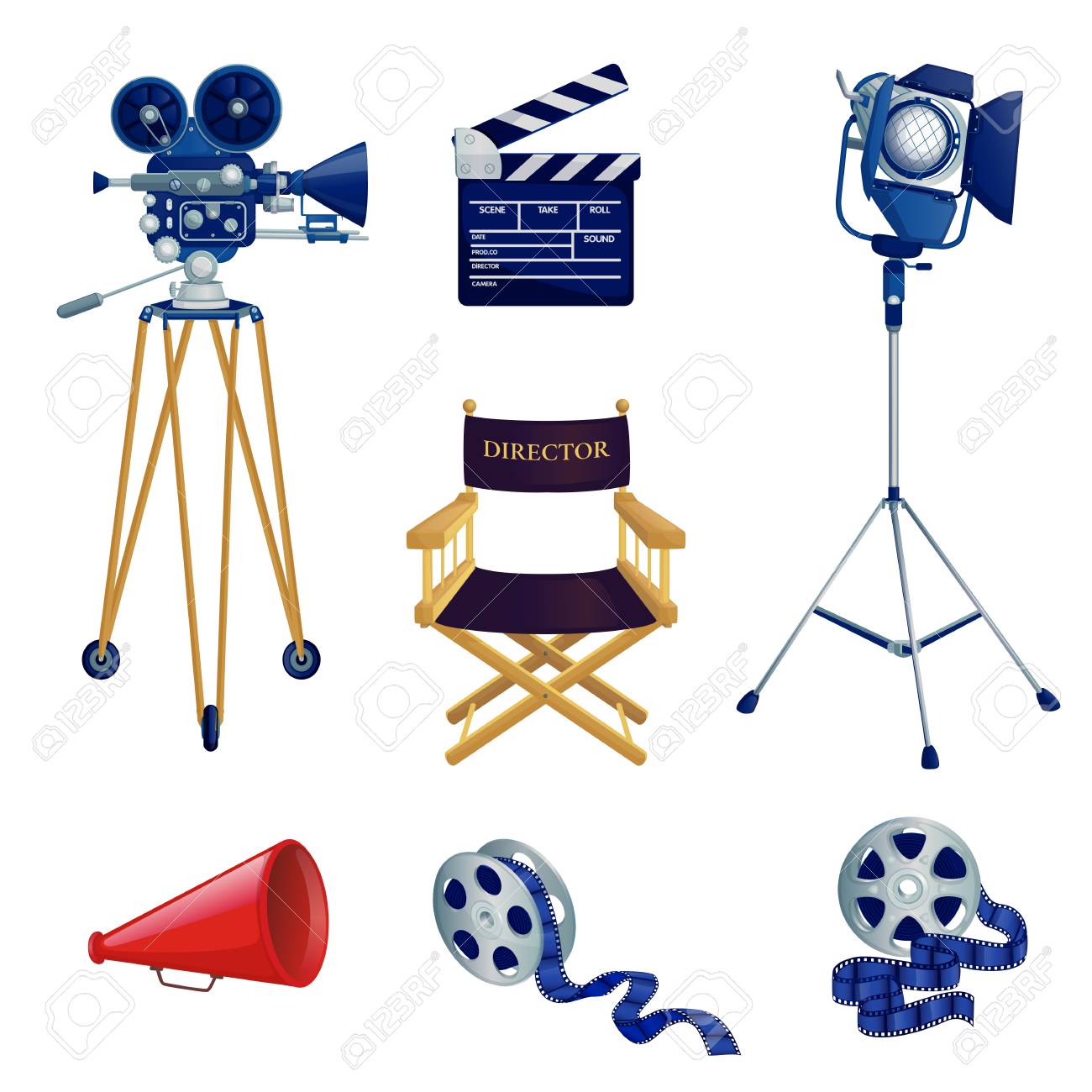 Video And Cinema Production, Vector Cartoon Icons And Design Elements Set. Movie  Studio Equipment Illustration. Клипарты, SVG, векторы, и Набор Иллюстраций  Без Оплаты Отчислений. Image 117369928