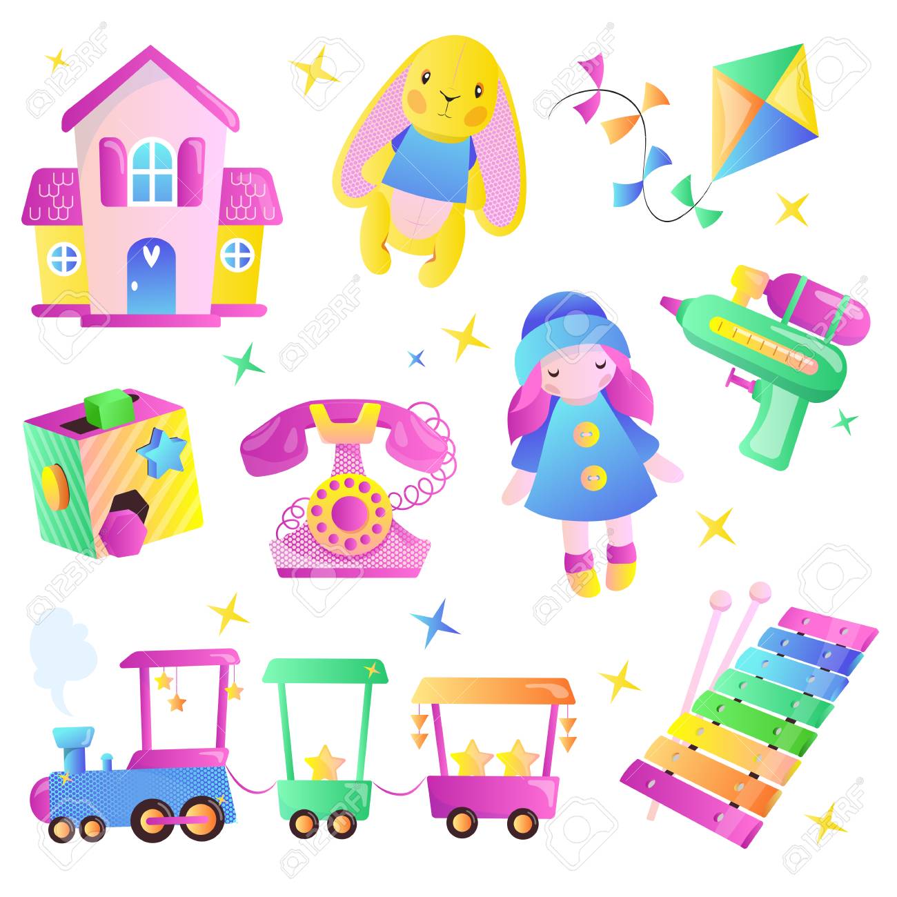 Kids Toys Vector Cartoon Style Illustration. Multicolor Cute Toys For Baby  Boy And Girl. Gift Shop Design Elements Set. Royalty Free SVG, Cliparts,  Vectors, and Stock Illustration. Image 117370020.