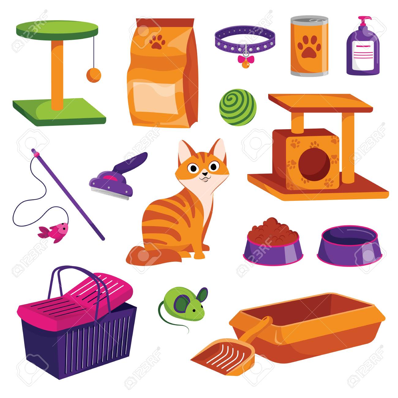 Pet shop icons set. Cat goods vector cartoon illustration. Animal food, toys, care and other stuff. - 117370041 Pet shop icons set. Cat goods vector cartoon illustration. Animal food, toys, care and other stuff. - 117370041