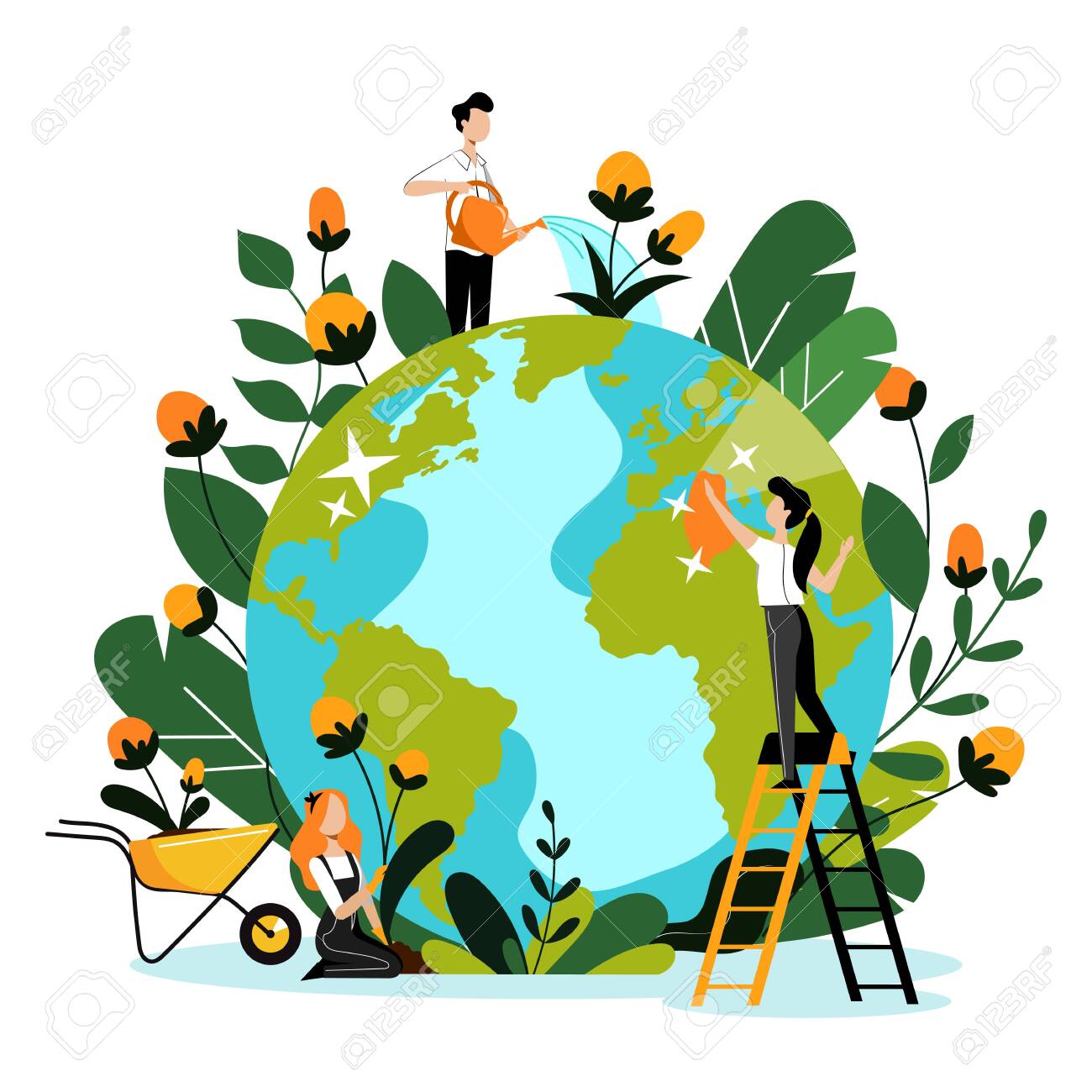 Environment Ecology Nature Protection Concept Young Volunteers Take Care Of Earth Planet And Environmental Nature Vector Flat Cartoon Illustration People Cleaning Watering And Planting Flowers Royalty Free Cliparts Vectors And Stock Illustration