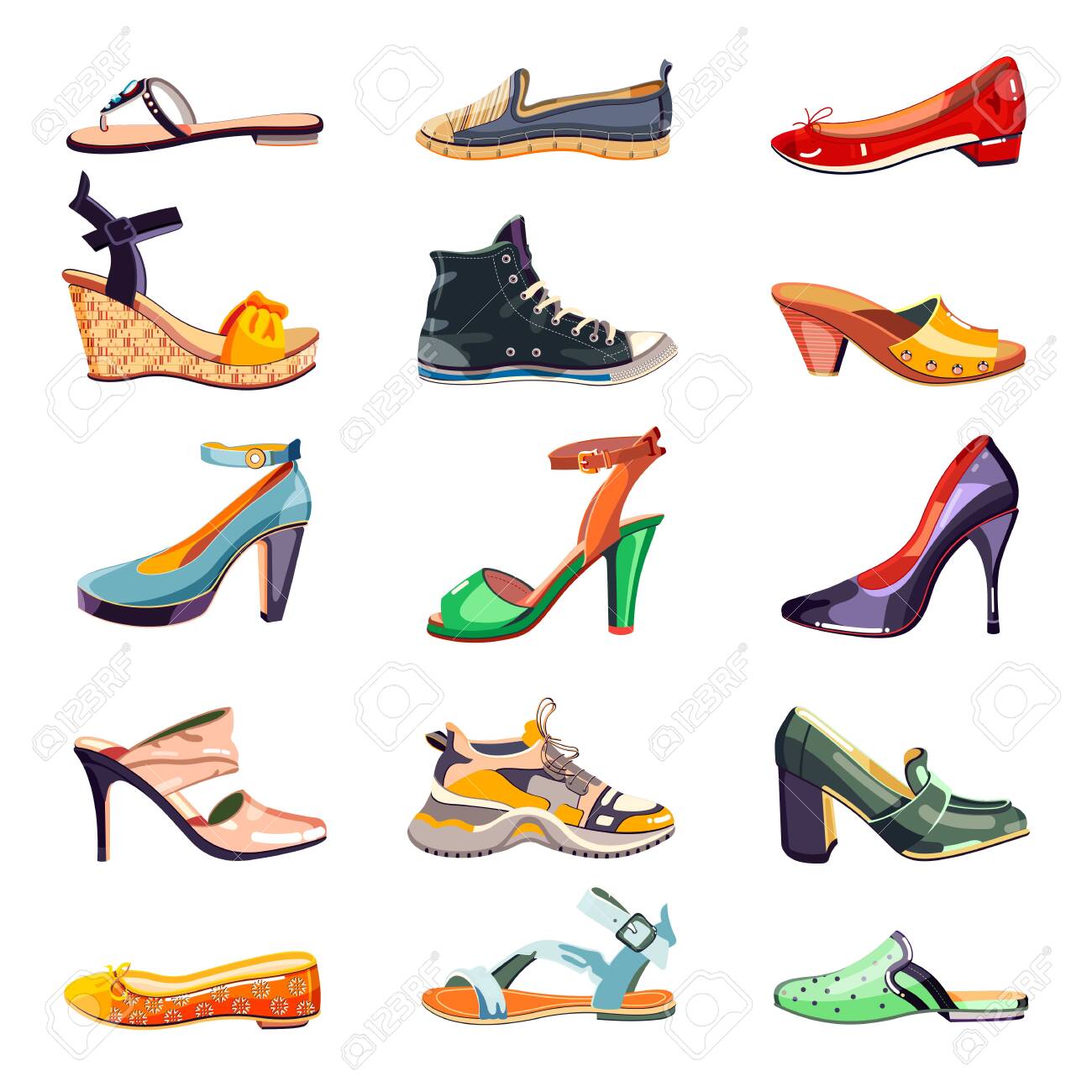 Female fashion elegant shoes icons and design elements set. Vector cartoon illustration. Summer, autumn and spring trendy footwear collection, isolated on white background. - 131429868 Female fashion elegant shoes icons and design elements set. Vector cartoon illustration. Summer, autumn and spring trendy footwear collection, isolated on white background. - 131429868