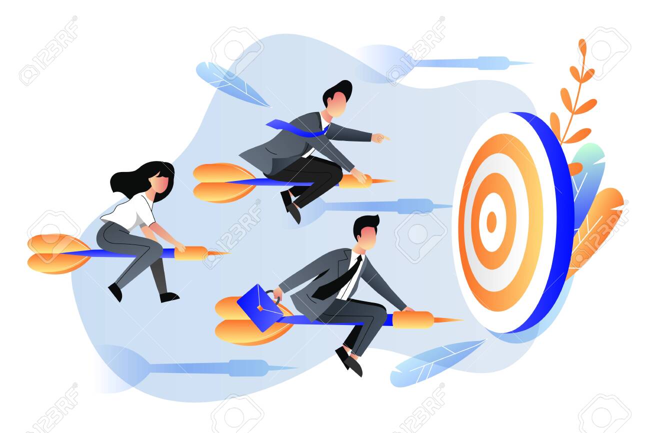 Business Goal Achievement Concept. Vector Flat Cartoon Illustration.  Business People Fly On Darts Arrows Towards The Goal. Royalty Free SVG,  Cliparts, Vectors, and Stock Illustration. Image 130031420., image size:1300x866