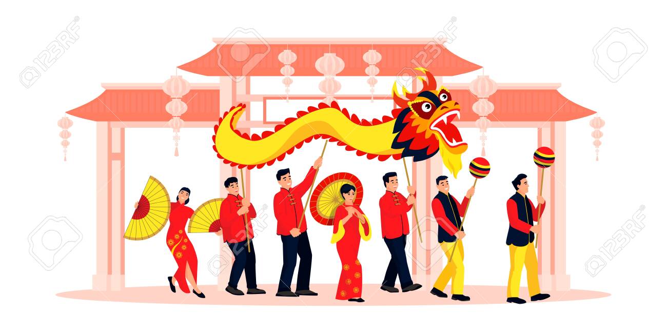 Celebrating Chinese Lunar New Year. Vector Flat Cartoon Illustration Of  Happy Dancing People. Holiday Performance In China Town With Dragon,  Lanterns, Dances. Traditional Holidays Design Elements Royalty Free SVG,  Cliparts, Vectors, and, image size:1300x649