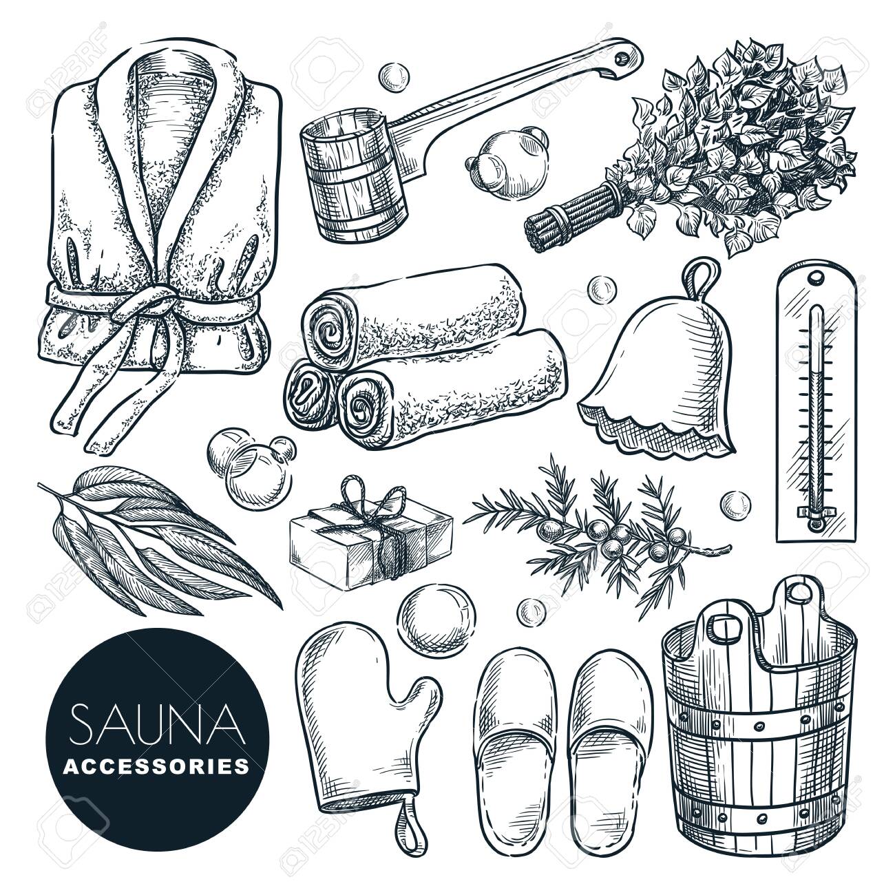 Sauna and bathhouse accessories and equipment set. Vector hand drawn sketch illustration. Bath and spa isolated design elements. Wooden bucket, birch broom, ladle and bathrobe doodle icons. - 142821477 Sauna and bathhouse accessories and equipment set. Vector hand drawn sketch illustration. Bath and spa isolated design elements. Wooden bucket, birch broom, ladle and bathrobe doodle icons. - 142821477