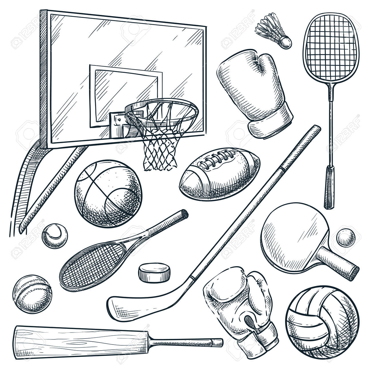 Sports Equipment Set. Vector Hand Drawn Sketch Illustration Of ...