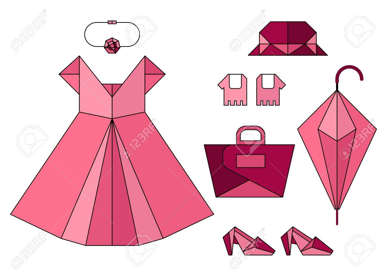 女性ファッションは 夏服のセットです 図スタイリッシュでトレンディな服 折り紙 靴 服 バッグ 帽子 傘 手袋 フラットのベクトル図を漫画します オブジェクトの背景に分離されました のイラスト素材 ベクタ Image