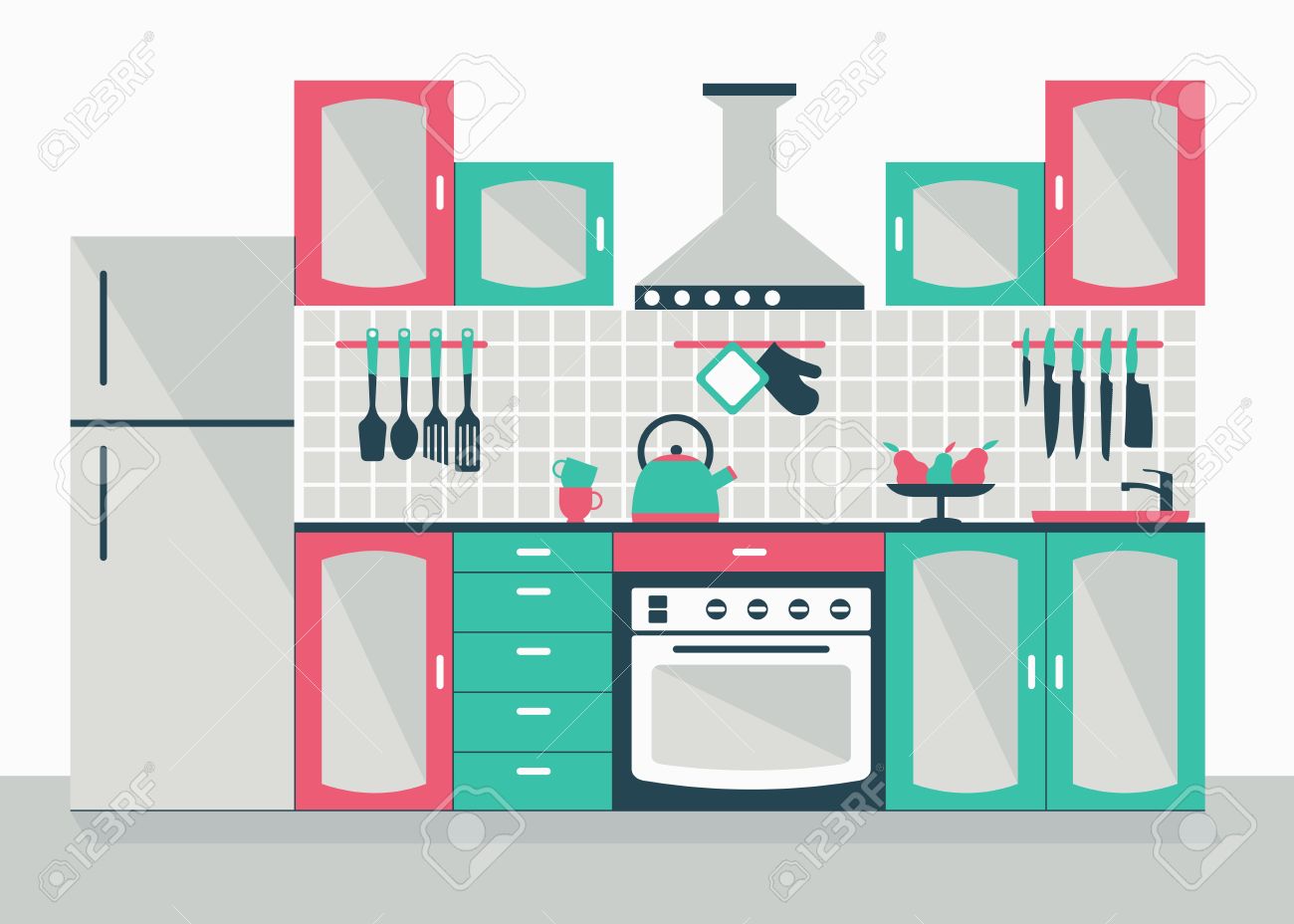 Modern Kitchen Interior Cartoon Flat Vector Ilration Objects Modern Kitchen Interior Cartoon Flat Vector Ilration Objects Isolated On A White Background