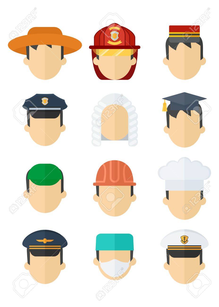 Set Of Hats Of Different Professions. Work Wear And Uniform