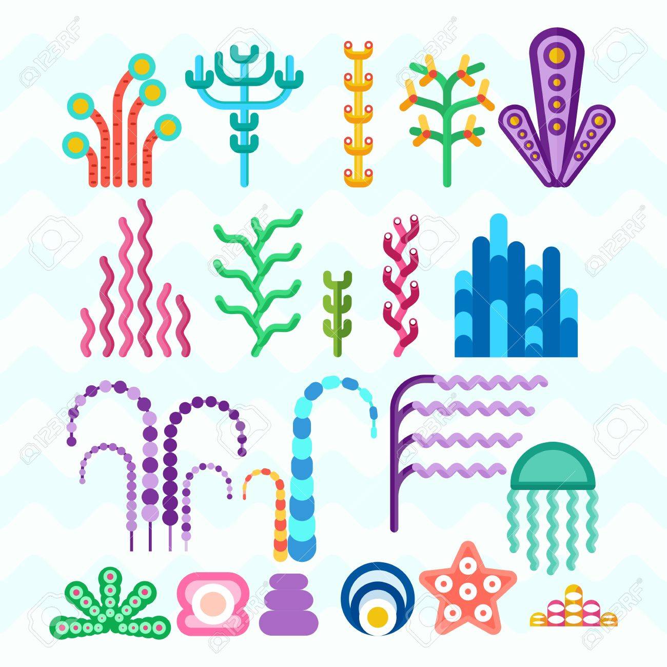 set of underwater animals and plants coral reef cartoon flat