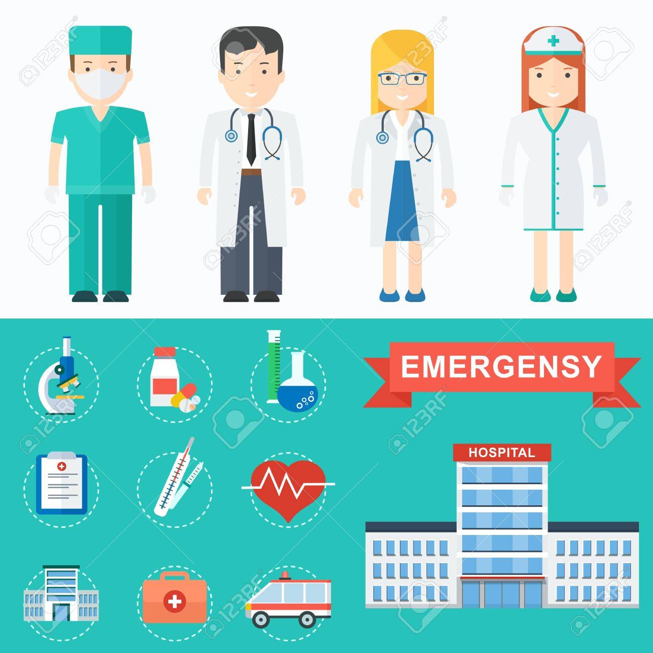 ベクター博士アイコン 医師や看護師の文字のグループ マーケティング 広告デザイン プロモーション ブランディング メディアの要素 フラット漫画イラスト オブジェクトの背景に分離されました のイラスト素材 ベクタ Image