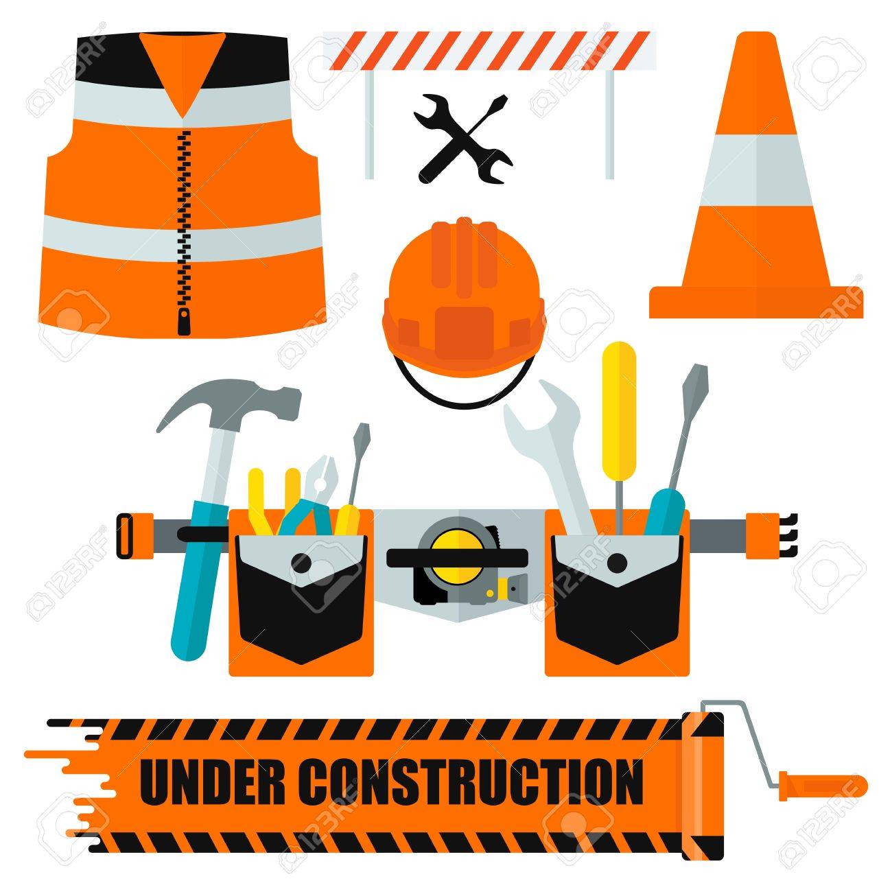 Conjunto De Iconos De Equipo De Protección. Imagen Conceptual Herramientas Para La Reparación, Construcción Y Constructor. Imagen Del Concepto De Ropa De Trabajo. Ilustración Vectorial De Dibujos Animados Plana. Los Objetos