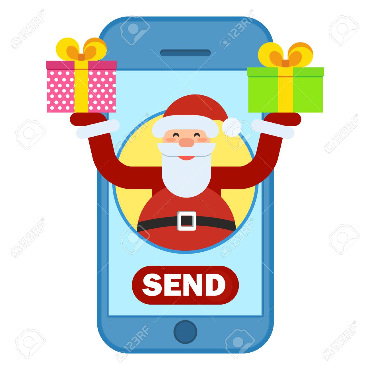 携帯電話経由でクリスマス プレゼントを送ること フラット ベクトル漫画クリスマス ギフト イラストです オブジェクトを白い背景に分離します のイラスト素材 ベクタ Image