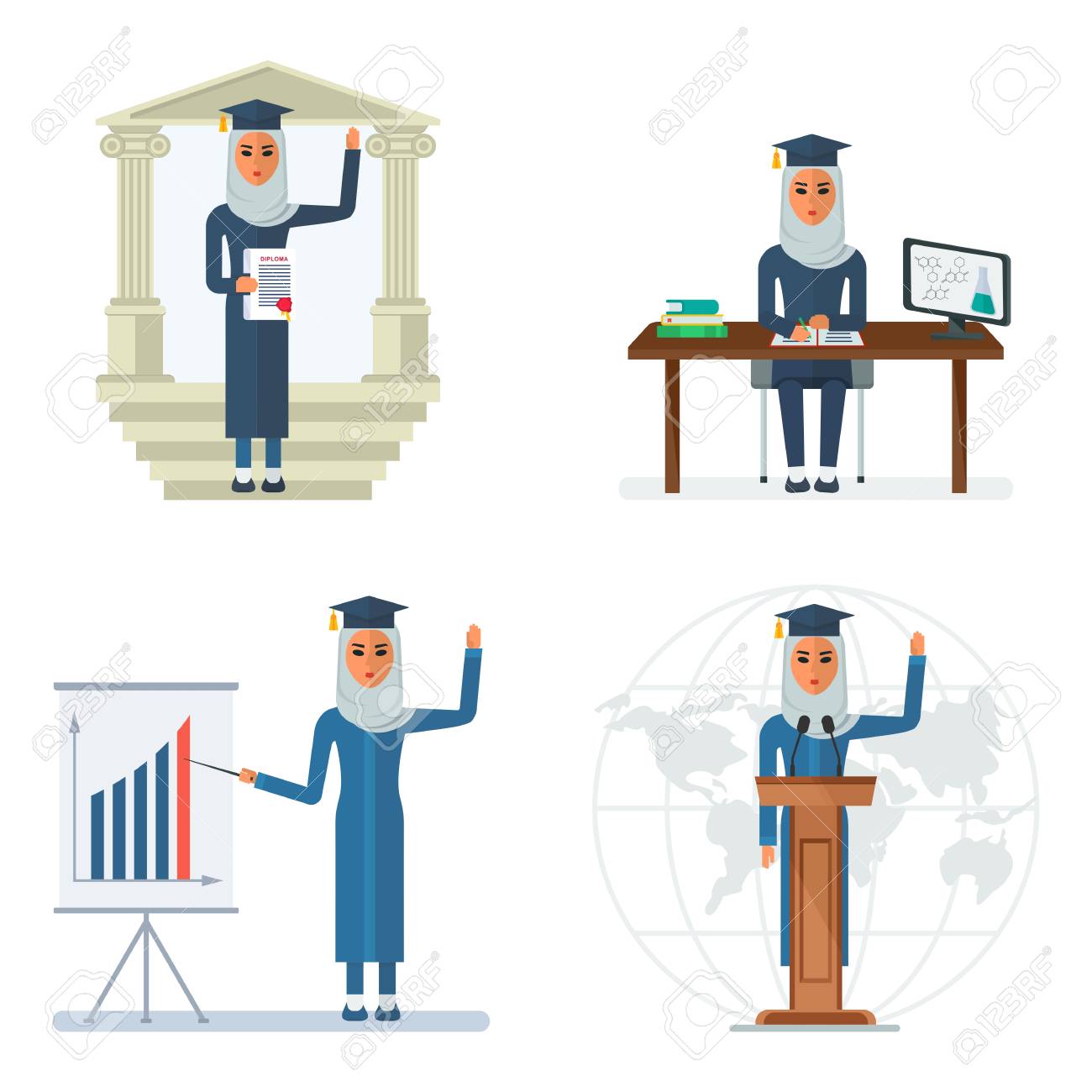 Ragazza araba studia all universit  Vestiti musulmani Illustrazione di fumetto vettoriale piatto