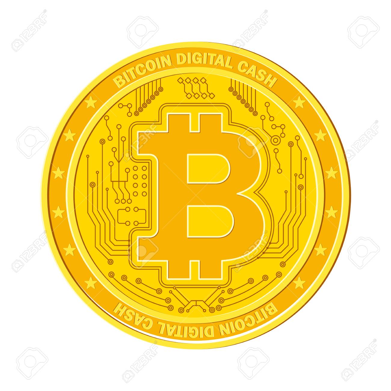 コンピュータチップ付きの金ビットコインのコイン。暗号通貨、鉱業の生産のための農場。仮想のお金。フラットベクター漫画のイラスト。白い背景に分離されたオブジェクト。のイラスト素材・ベクター  Image 98864851