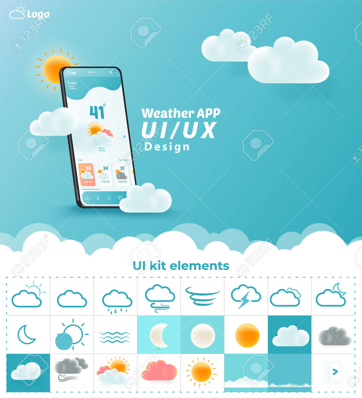 Weather App UI/UX Kit Elements, Website Landing Page Vector - 157651895 Weather App UI/UX Kit Elements, Website Landing Page Vector - 157651895