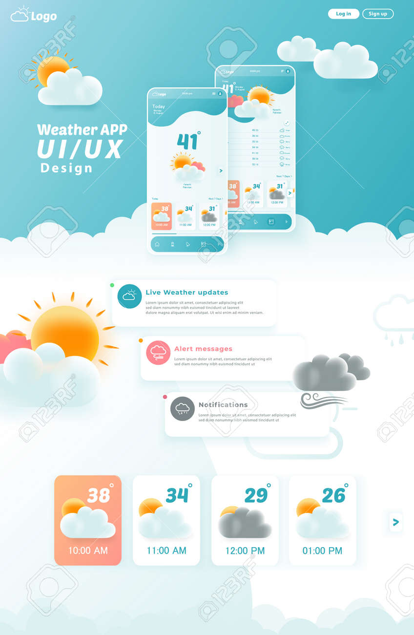 Weather App UI/UX Kit Elements, Website Landing Page Vector - 157651918 Weather App UI/UX Kit Elements, Website Landing Page Vector - 157651918