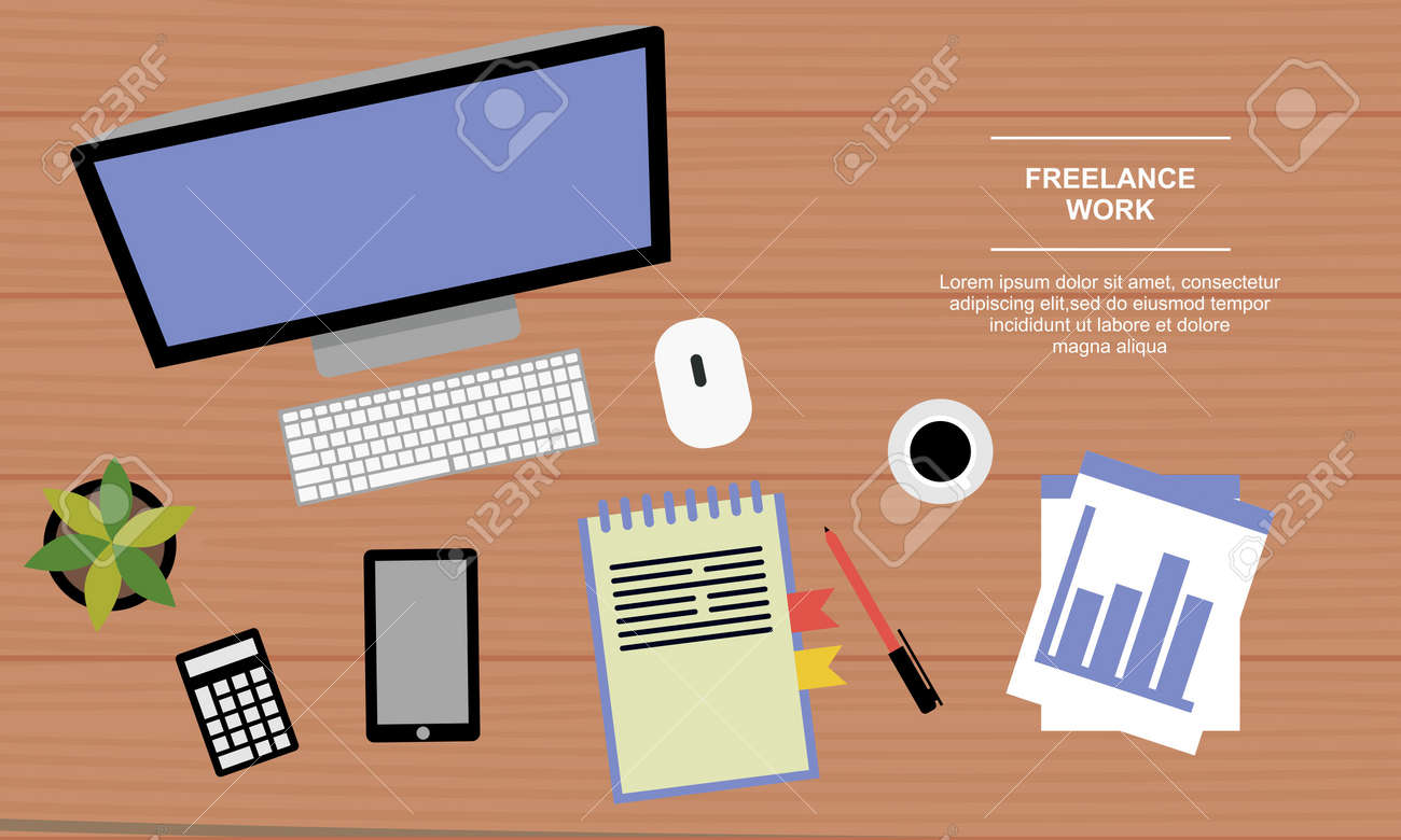 A business table top view. Work in a team. Objects lying on a wooden table. Banner. Vector flat illustration - 157540621 A business table top view. Work in a team. Objects lying on a wooden table. Banner. Vector flat illustration - 157540621