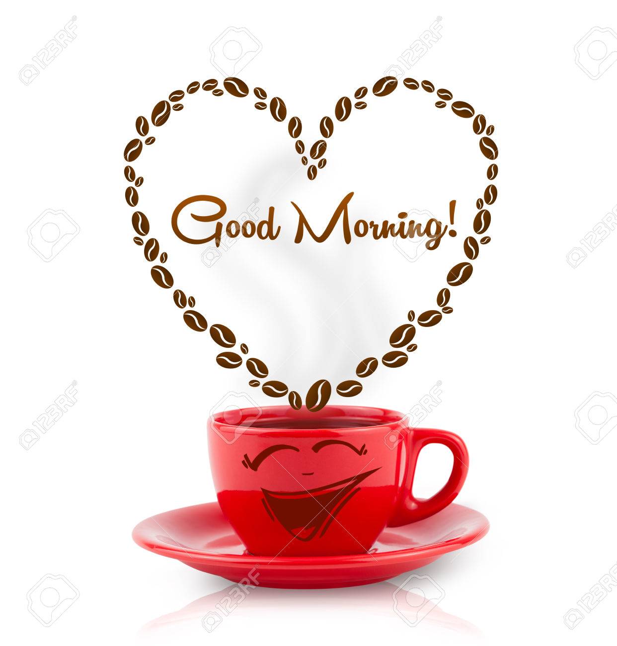 Tasse De Cafe Avec Des Grains De Cafe En Forme De Coeur Avec Le Signe De Bonjour Isole Sur Blanc Banque D Images Et Photos Libres De Droits Image 25852746